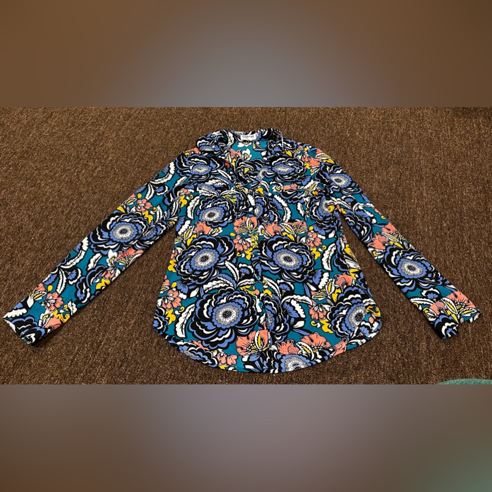 Express Portofino Shirt Womens S/P Blue Retro Floral Slim Fit Flowy Career EUC
